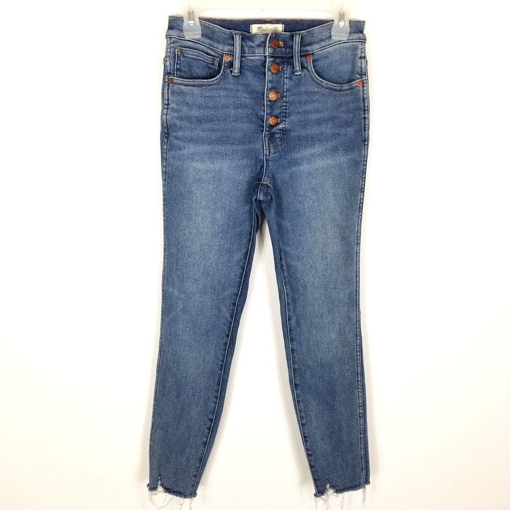 Madewell 10" High Rise Skinny Jeans Sz 27 Blue Denim Raw‎ Hem Exposed Buttons